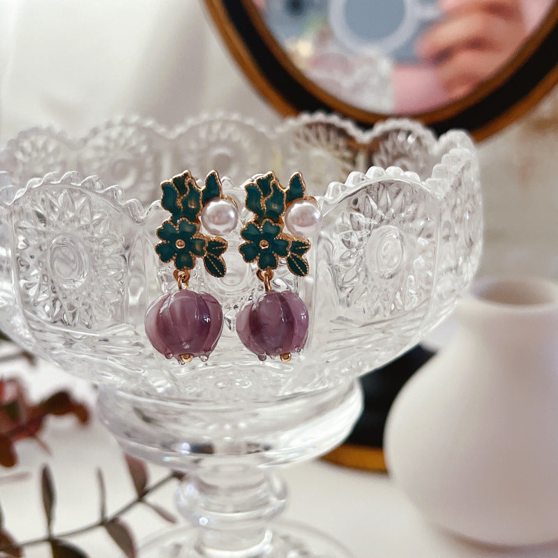 Purple White Glaze Flower Dangle Drop Earrings