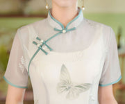 2024 Green Blue Butterfly Print AoDai A-line Cheongsam Dress