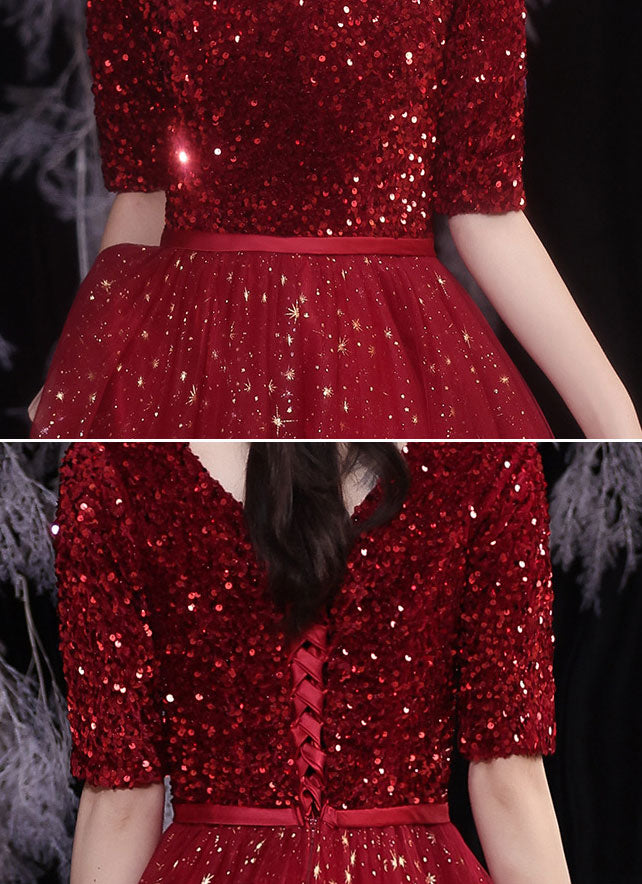 Shimmery Sequined Fit & Flare Full Length Tulle Prom Dress
