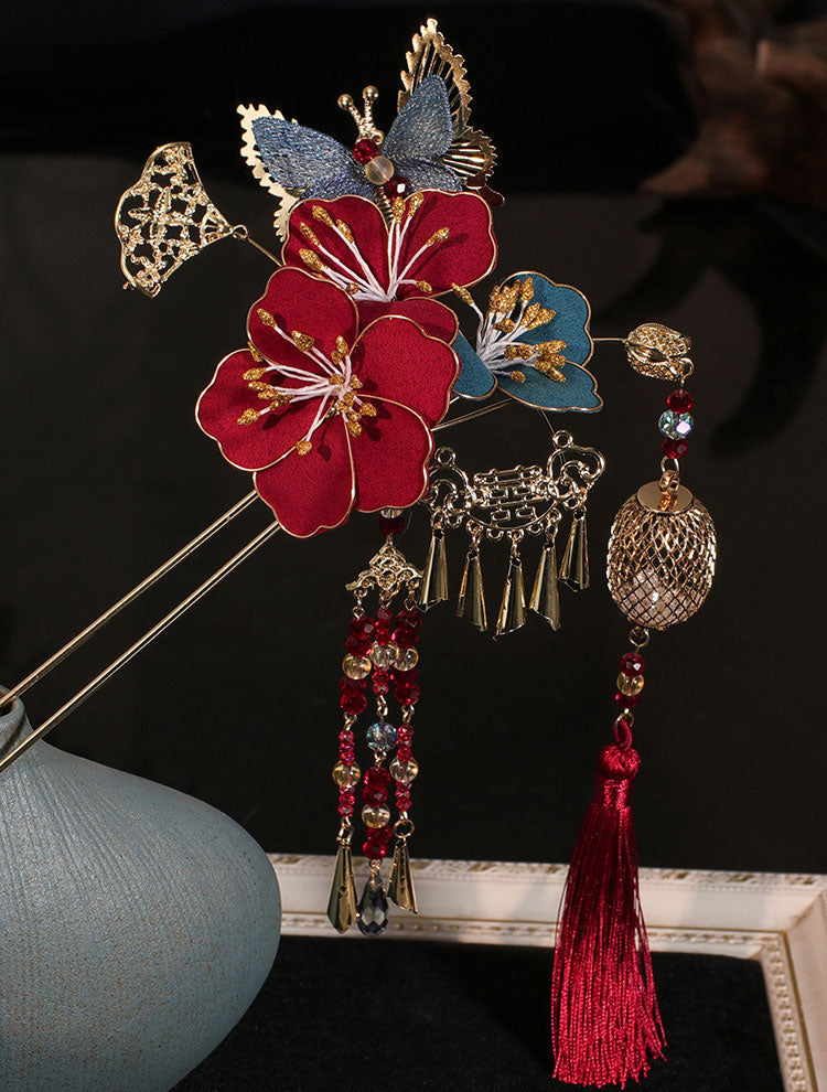 3 Pcs Bridal Red Blue Flower Hairpins Clips & Earrings