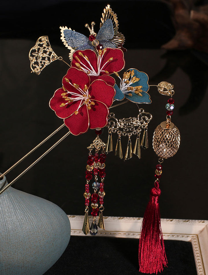 3 Pcs Bridal Red Blue Flower Hairpins Clips & Earrings