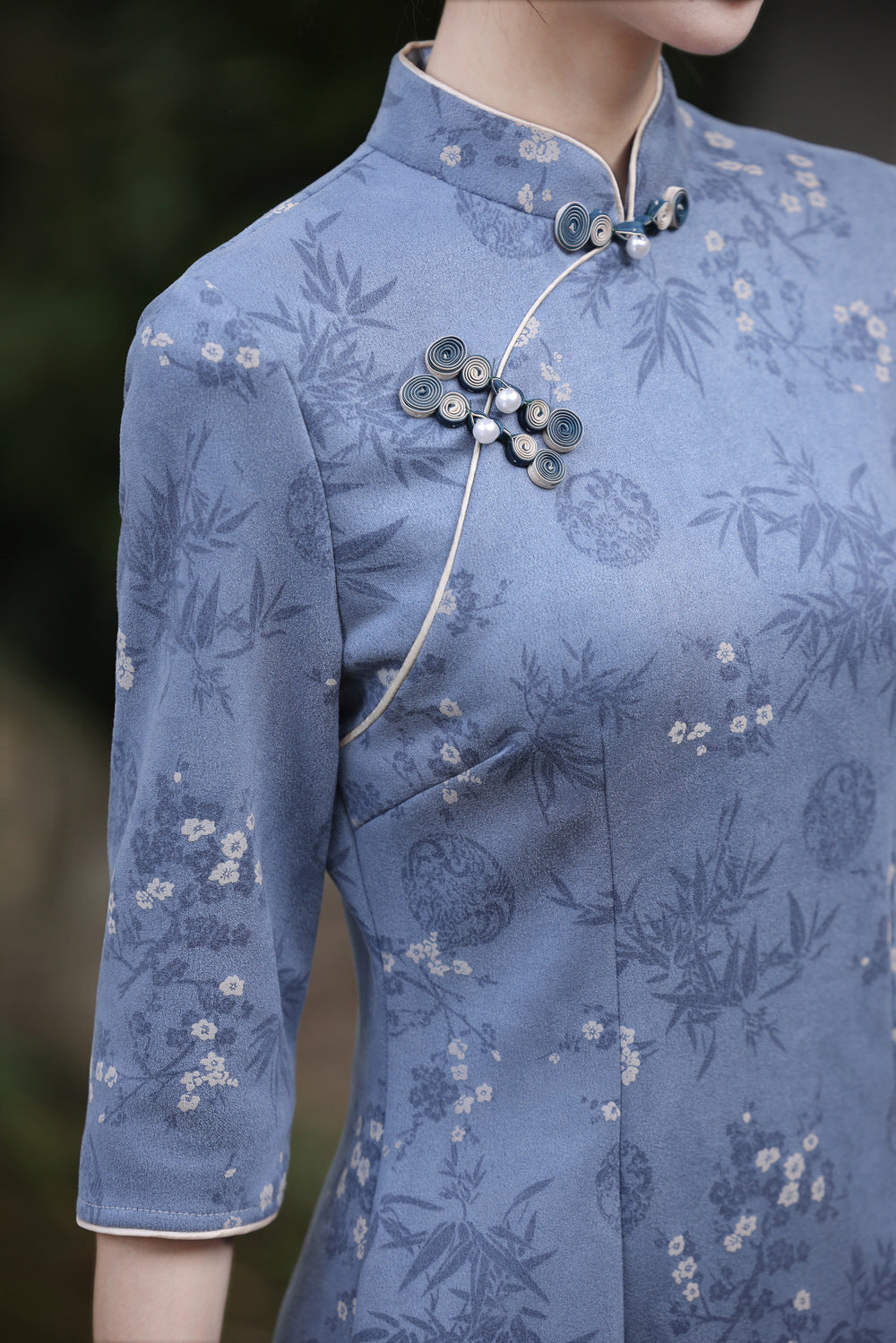 Winter Floral Print Suede Cheongsam Qipao Dress