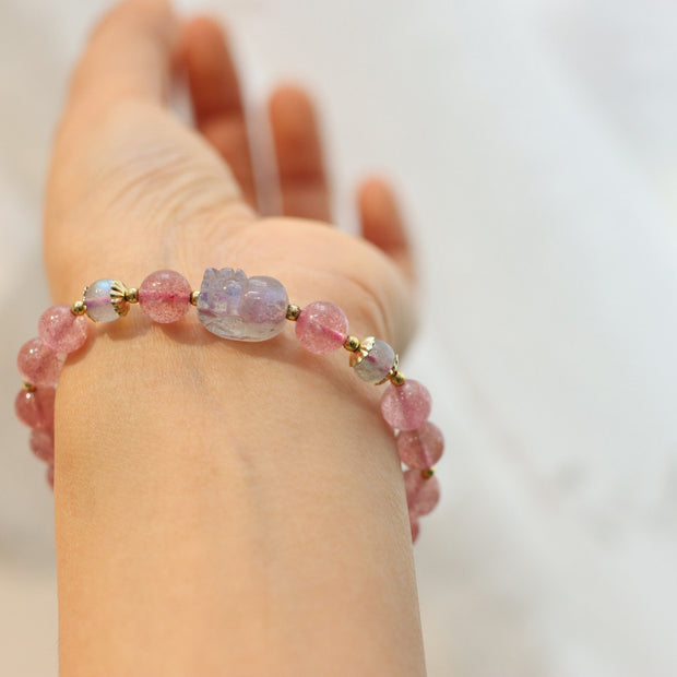Pink Strawberry Quartz Pixiu Pendant Beads Bracelets