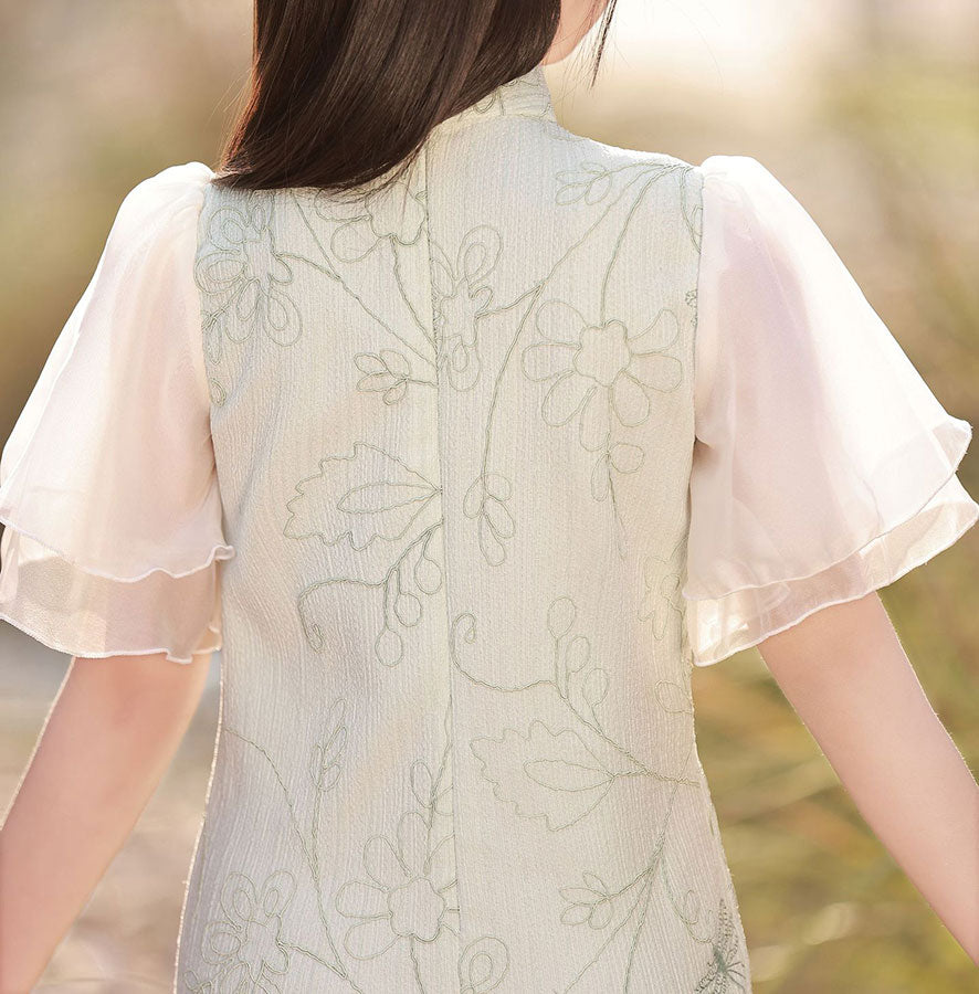 Green Jacquard Frill Hem Kids Girls Qipao Cheongsam Dress