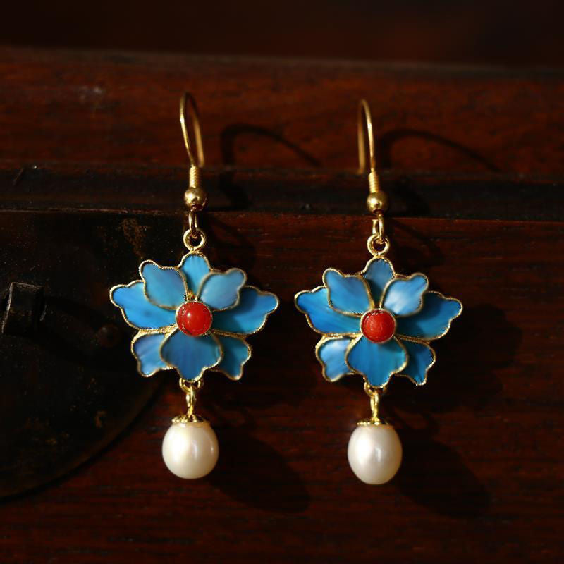 Pink Blue Vintage Pearls Lotus Drop Dangle Earrings