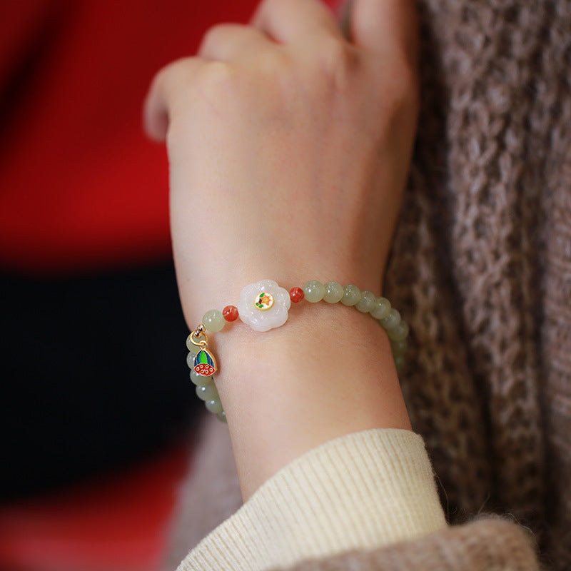 Green Jade Beads Silver Lotus Pendant Woman Bracelets