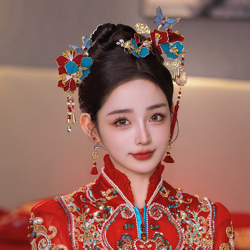 3 Pcs Bridal Red Blue Flower Hairpins Clips & Earrings