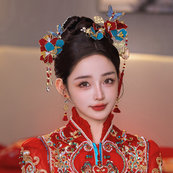 3 Pcs Bridal Red Blue Flower Hairpins Clips & Earrings