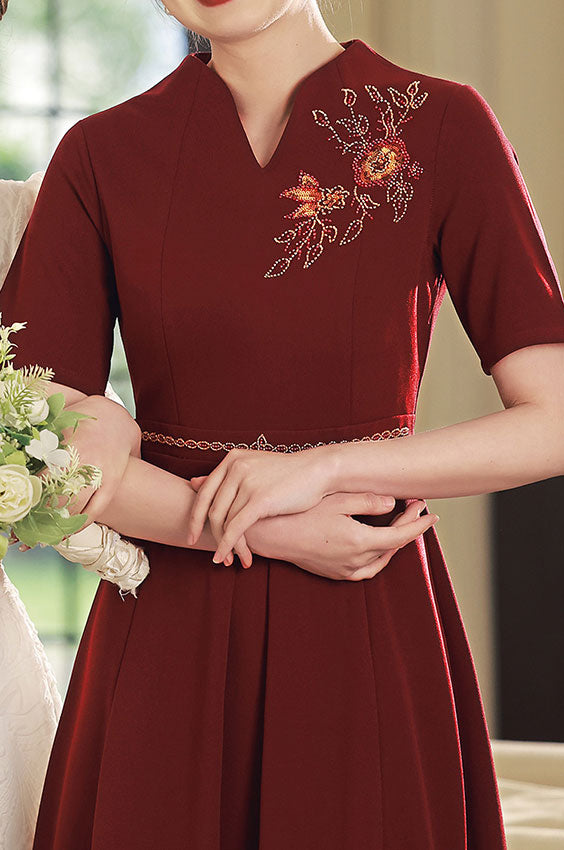 2023 V-neck Beads Appliques Bridal Mothers Midi A-Line Dress