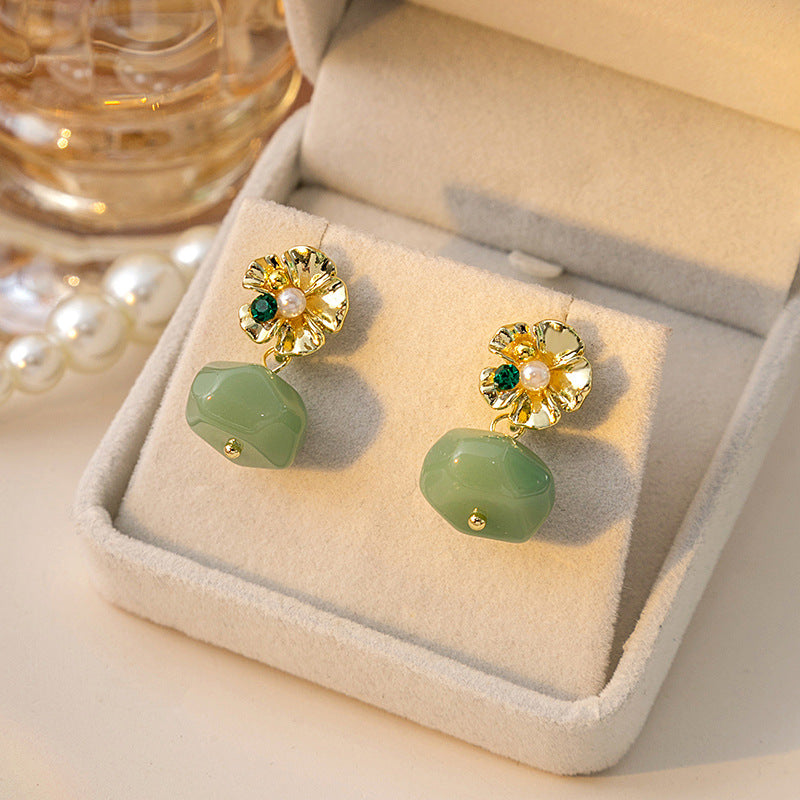 Green Jade Alloy Flower Dangle Drop Earrings