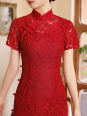 Burgundy Lace Midi Engagement Qipao Cheongsam Dress
