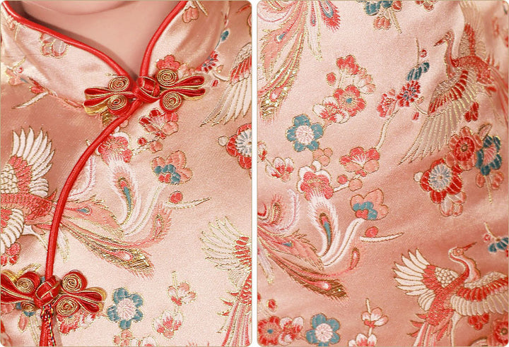 Pink Baby Girls Floral Phoenix Winter Qipao Cheongsam Dress