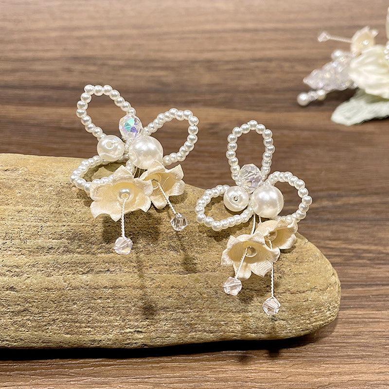 2 Pcs White Pearls Tassels Flower Wedding Hair Pins & Earrings