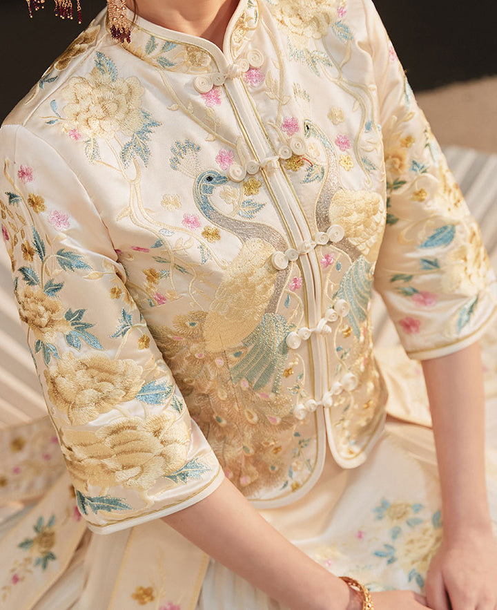 Champagne Embroidered Wedding Bridal Qun Kwa with Pleated Skirt