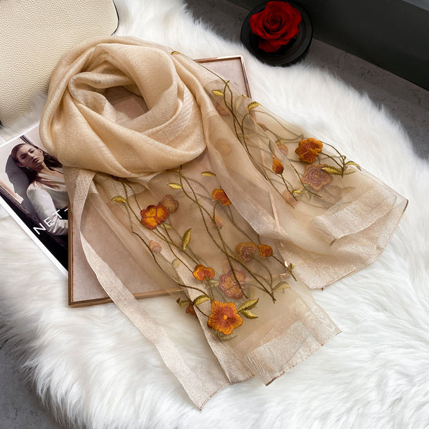 Embroidered Floral Mulberry Silk Women Scarf Shawl