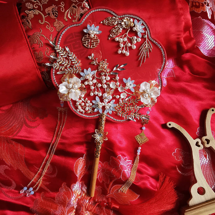 Red Pearl Floral Bride Wedding Hand Held Hexapetala Fans
