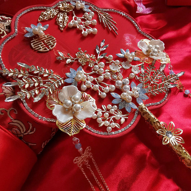 Red Pearl Floral Bride Wedding Hand Held Hexapetala Fans