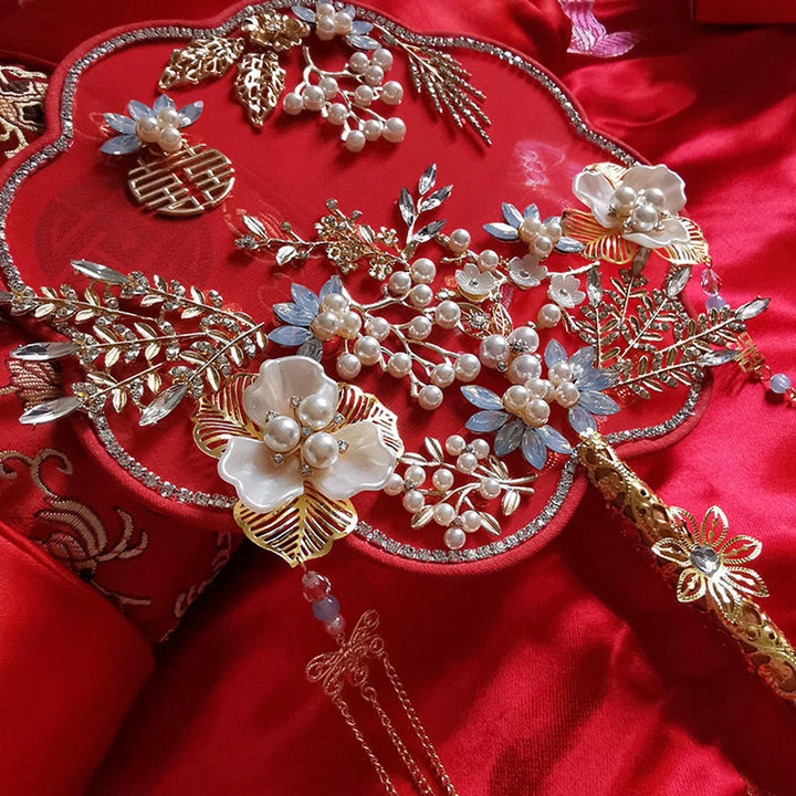 Red Pearl Floral Bride Wedding Hand Held Hexapetala Fans