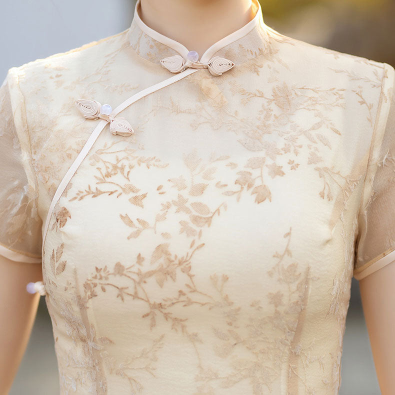 Green Yellow Floral Mulberry Silk Qipao Cheongsam Dress