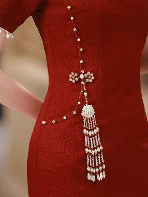 Red Jacquard Tassels Bride Wedding Cheongsam Qipao Dress