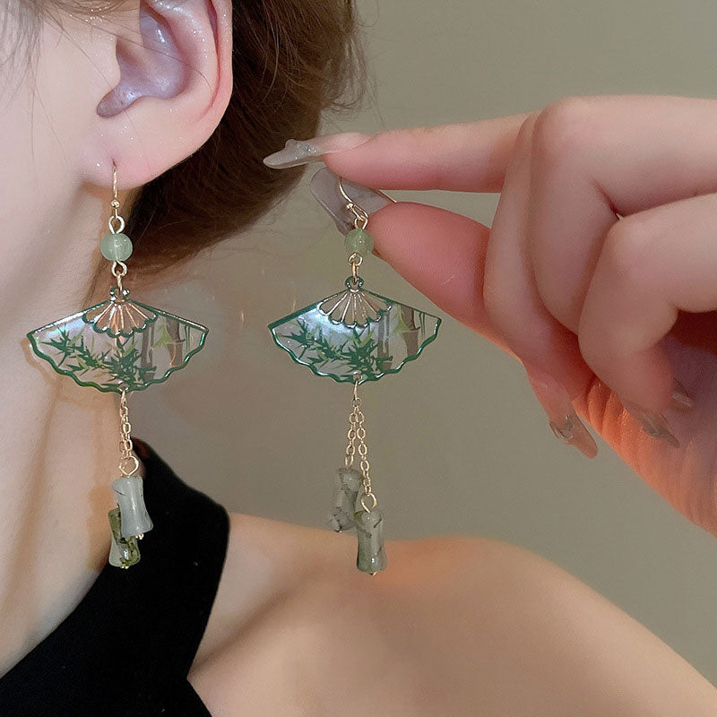 Bamboo Print Sector Dangle Drop Earrings