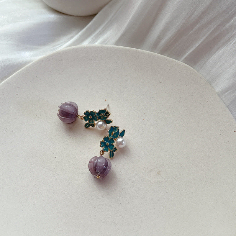Purple White Glaze Flower Dangle Drop Earrings