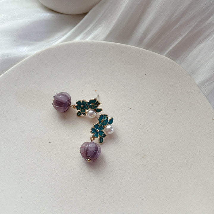 Purple White Glaze Flower Dangle Drop Earrings