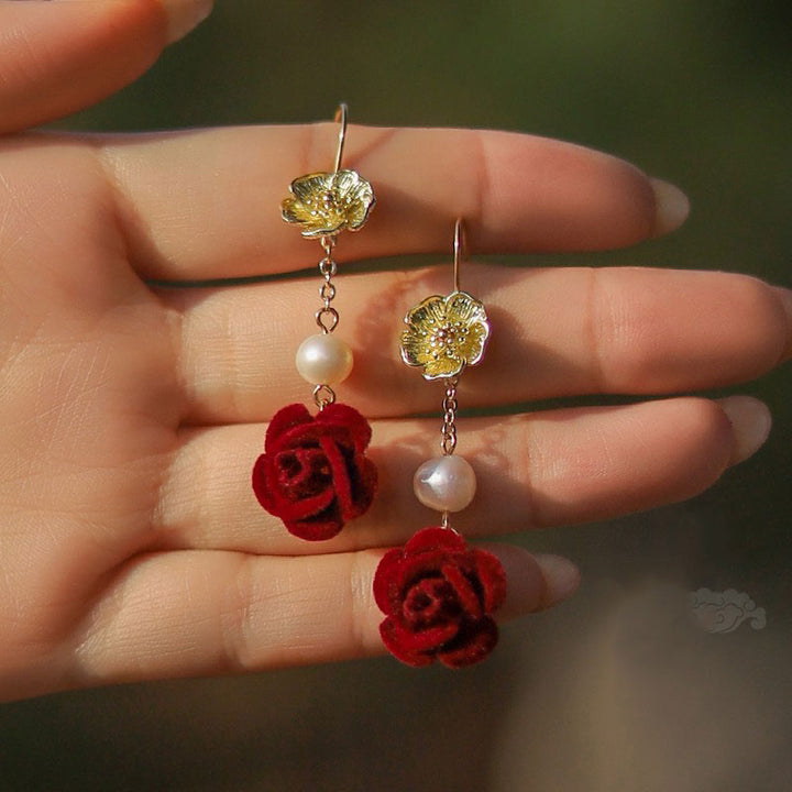 Red Fabric Rose Pearl Drop Dangle Earrings