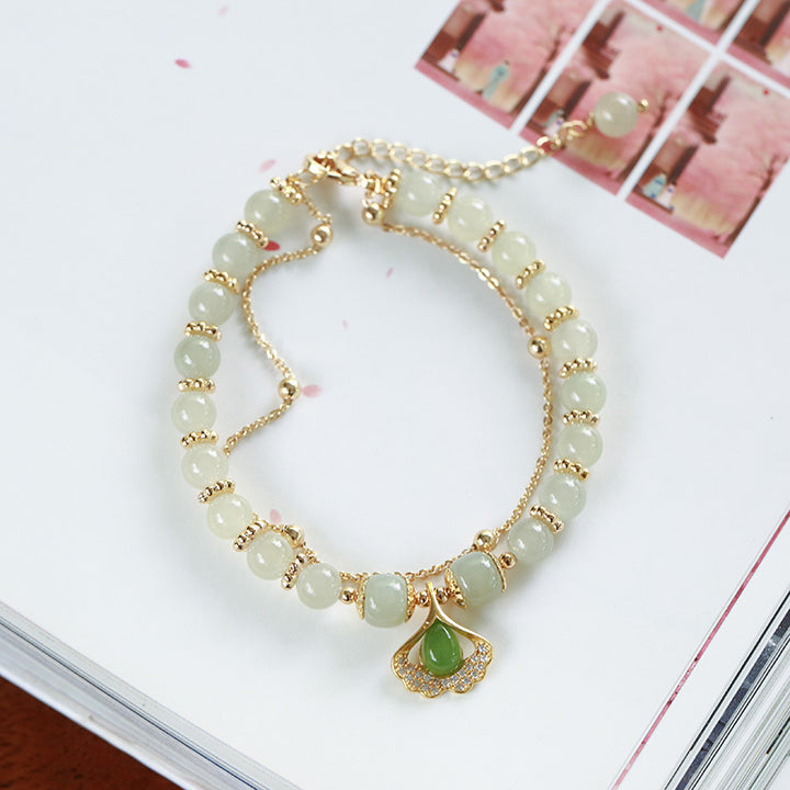 Jade Silver Ginkgo Leaf Pendant Beads Bracelets