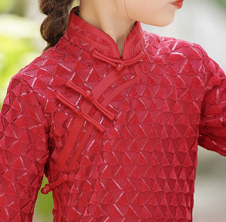 Red Grid Kids Girls Qipao Cheongsam Dress
