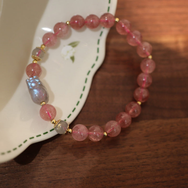 Pink Strawberry Quartz Pixiu Pendant Beads Bracelets