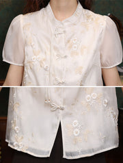 Pink Beige Embroidered Floral Cheongsam Blouse Shirt