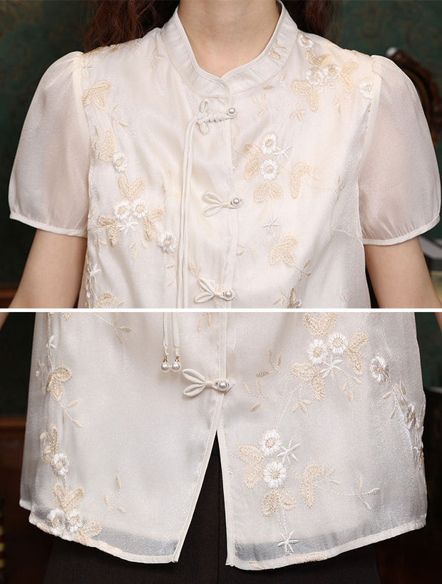 Pink Beige Embroidered Floral Cheongsam Blouse Shirt