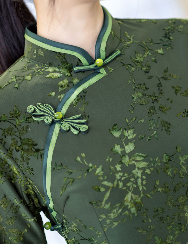 Green Jacquard Floral Winter Cheongsam Qipao Dress