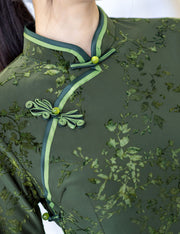 Green Jacquard Floral Winter Cheongsam Qipao Dress