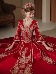 Sequins Beads Phoenix V-Neck Bridal Qun Gua Xiuhe
