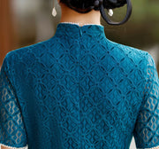 2023 Lake Blue Plaid Lace Qipao Cheongsam Dress