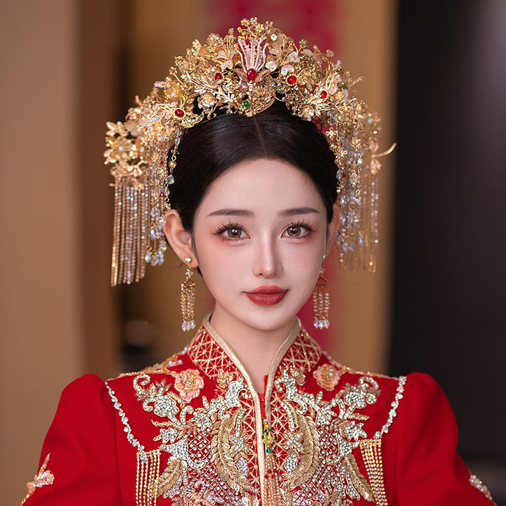 Vintage Gold Tone Tassels Bridal Hair Crown Pins & Earrings