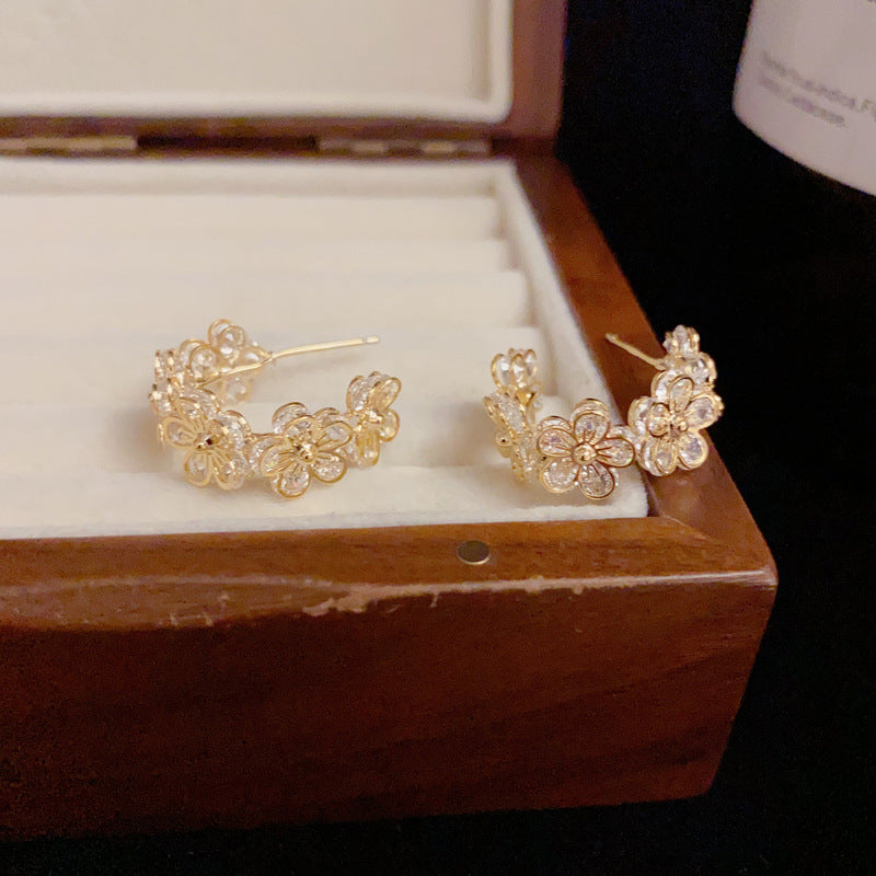 S925 Silver Zirconia Plated Flower Hoop Earrings