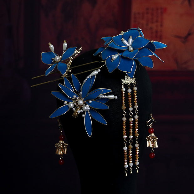 3 Pcs Blue Wedding Flower Hair Clips Pins & Earrings