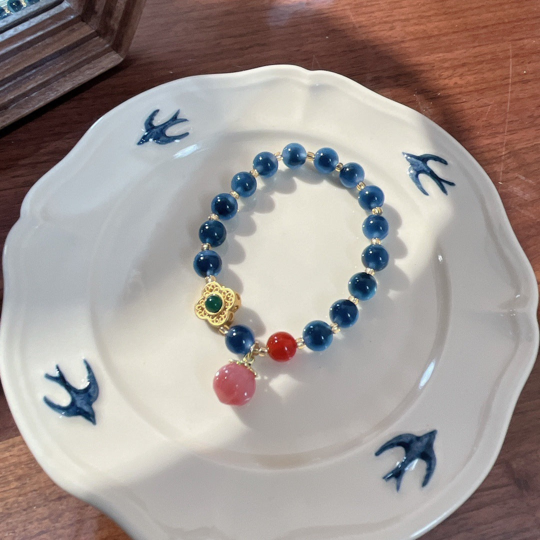 Blue Agate Beads Peach Safety Buckle Pendant Woman Bracelets