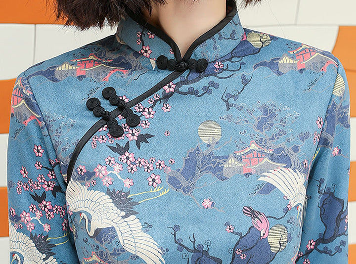 Blue Printed Crane Bird Suede A-Line Cheongsam Qi Pao Dress