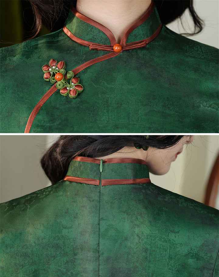 Green Purple Jacquard Floral Maxi Cheongsam Qipao Dress