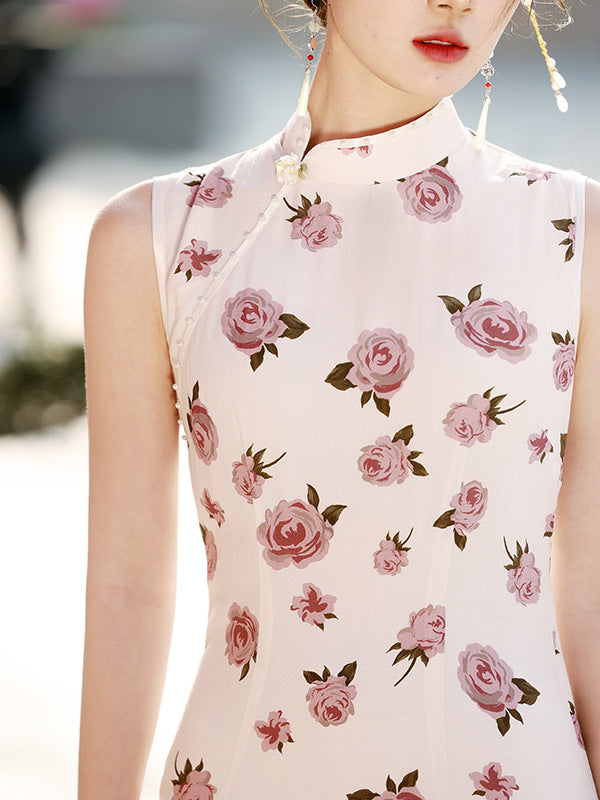 White Beige Rose Silk Linen Cheongsam Qipao Dress