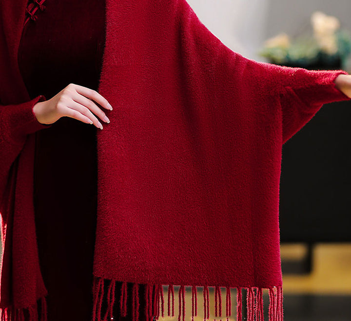 Faux Fur Tassels Long Sleeves Cheongsam Wrap Cape Shawl
