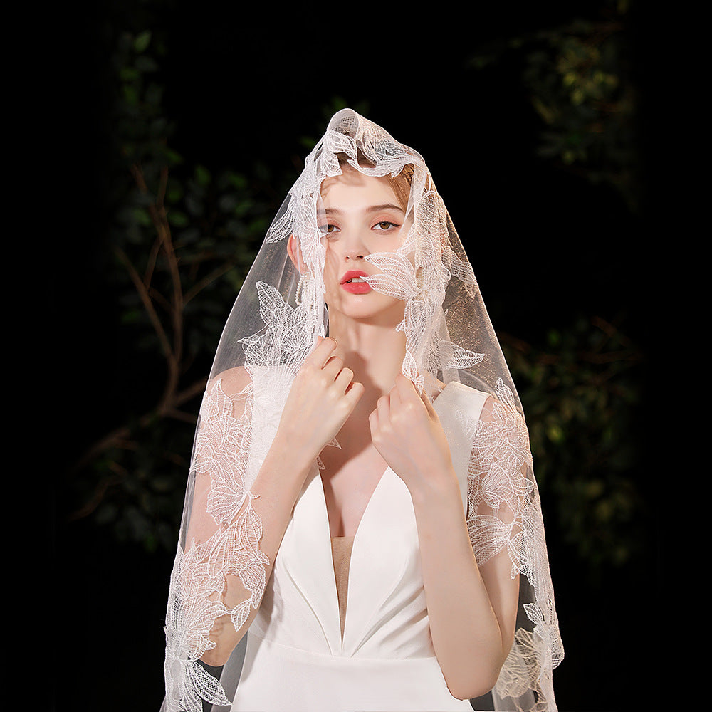 White Long Cathedral Wedding Lace Edge Veil Without Comb