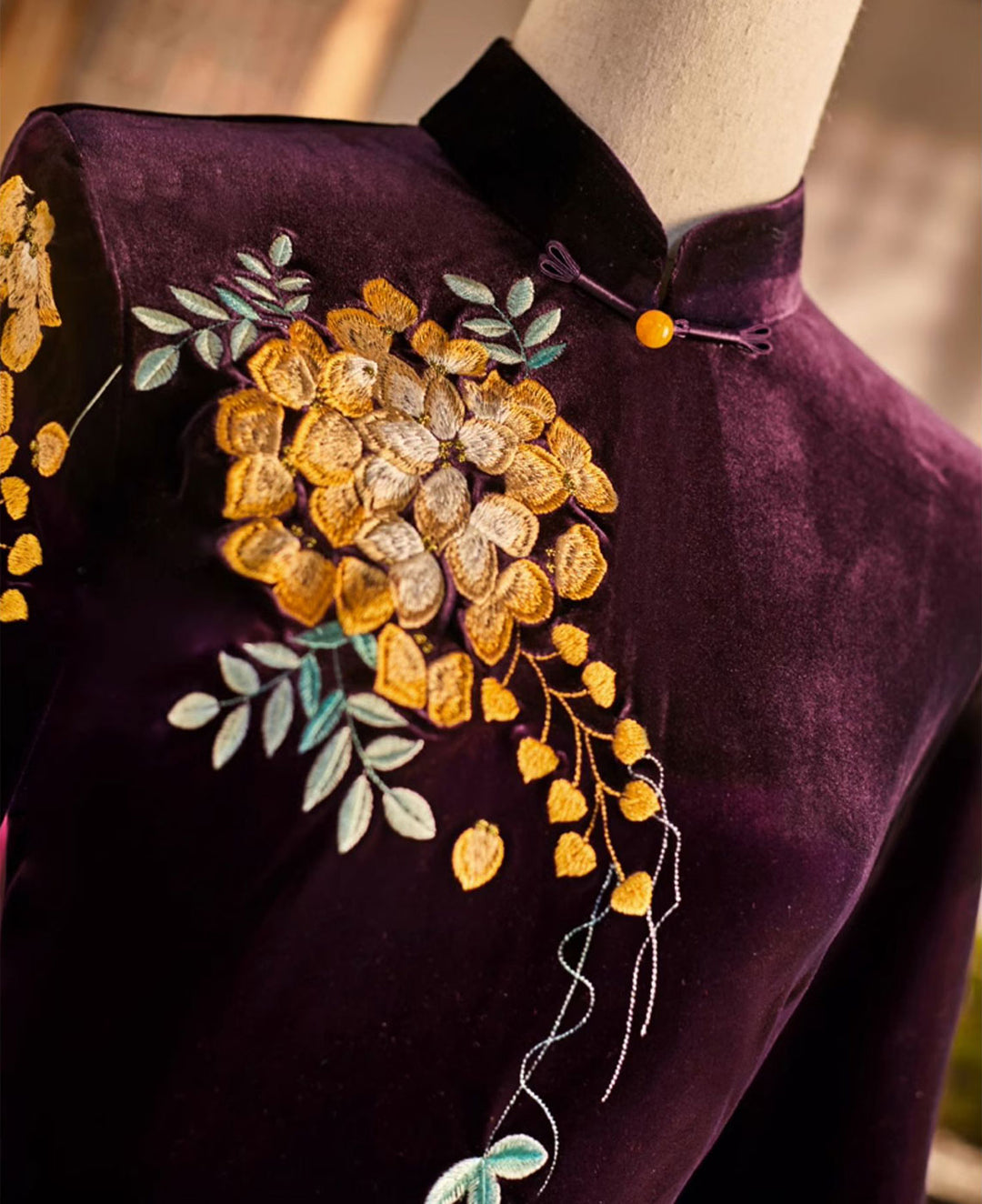 Red Purple Mothers A-Line Embroidered Velvet Cheongsam Qipao Dress