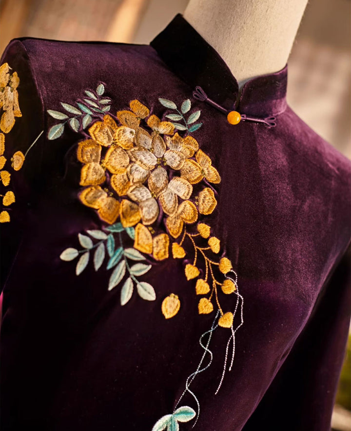 Red Purple Mothers A-Line Embroidered Velvet Cheongsam Qipao Dress