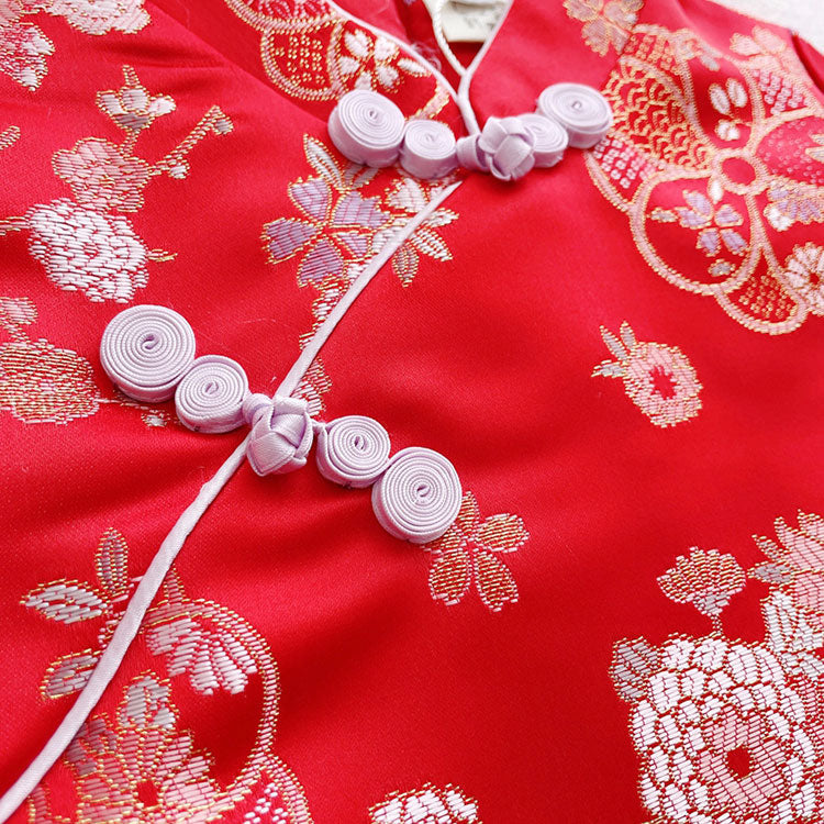 Pink Red Kid Girls Jacquard Floral Qipao Cheongsam Dress
