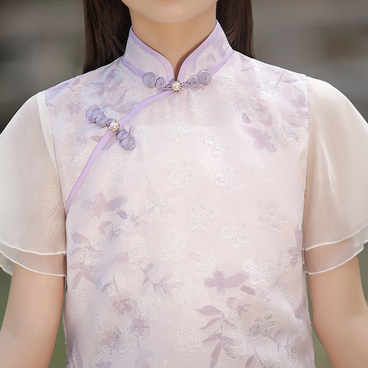 Purple Jacquard Flutter Sleeve Kids Girls Qipao Cheongsam Dress